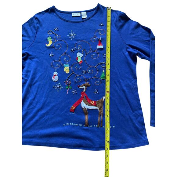 Kim Rogers Blue Holiday Long Sleeve Shirt with Rudolph mittens Santa Hat Cotton - Picture 4 of 6